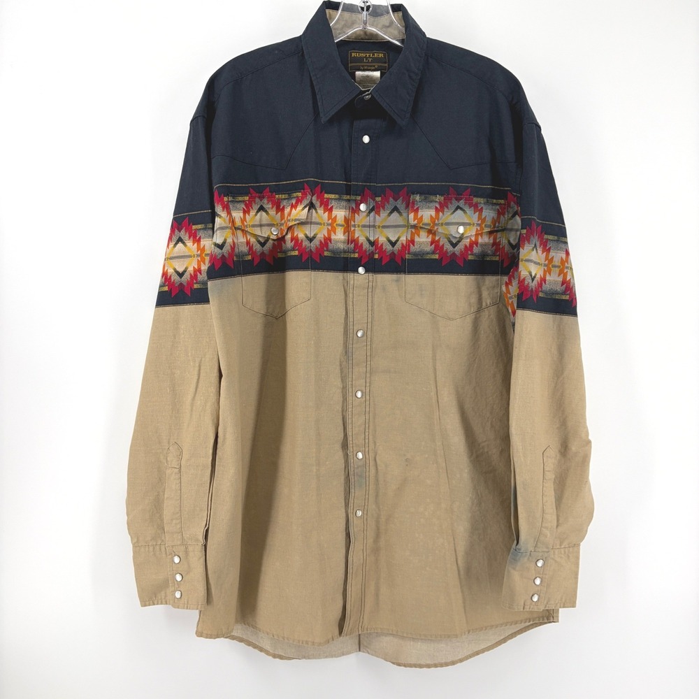 Rustler Wrangler Mens Large Tall Western Pearl Snap Shirt Aztec Vtg Black Tan